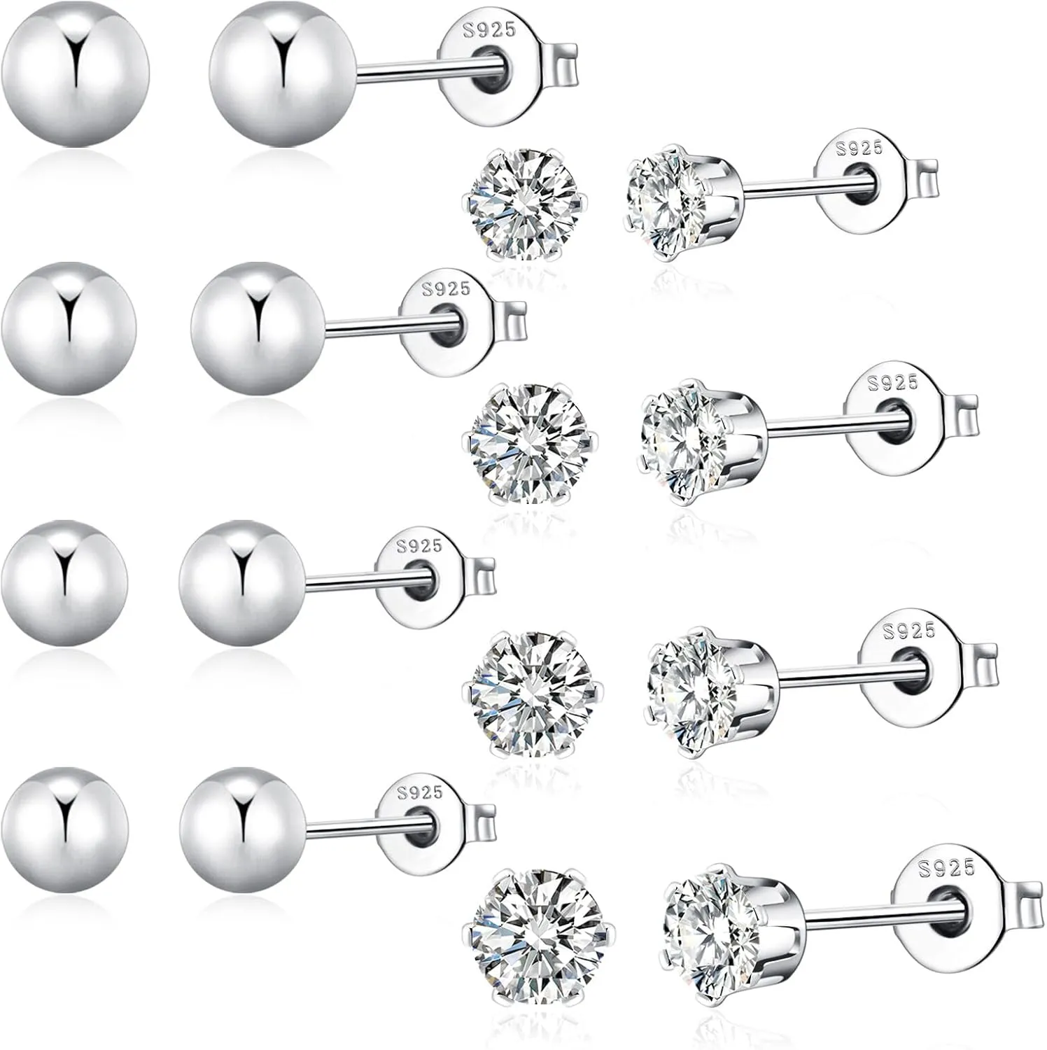 4/8/10 Pairs Gold & Silver for Women 14K Gold Plated With 925 Sterling Silver Cubic Zirconia Stud Hypoallergenic Small Stud Earrings Sets for Multiple Piercing