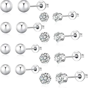4/8/10 Pairs Gold & Silver for Women 14K Gold Plated With 925 Sterling Silver Cubic Zirconia Stud Hypoallergenic Small Stud Earrings Sets for Multiple Piercing