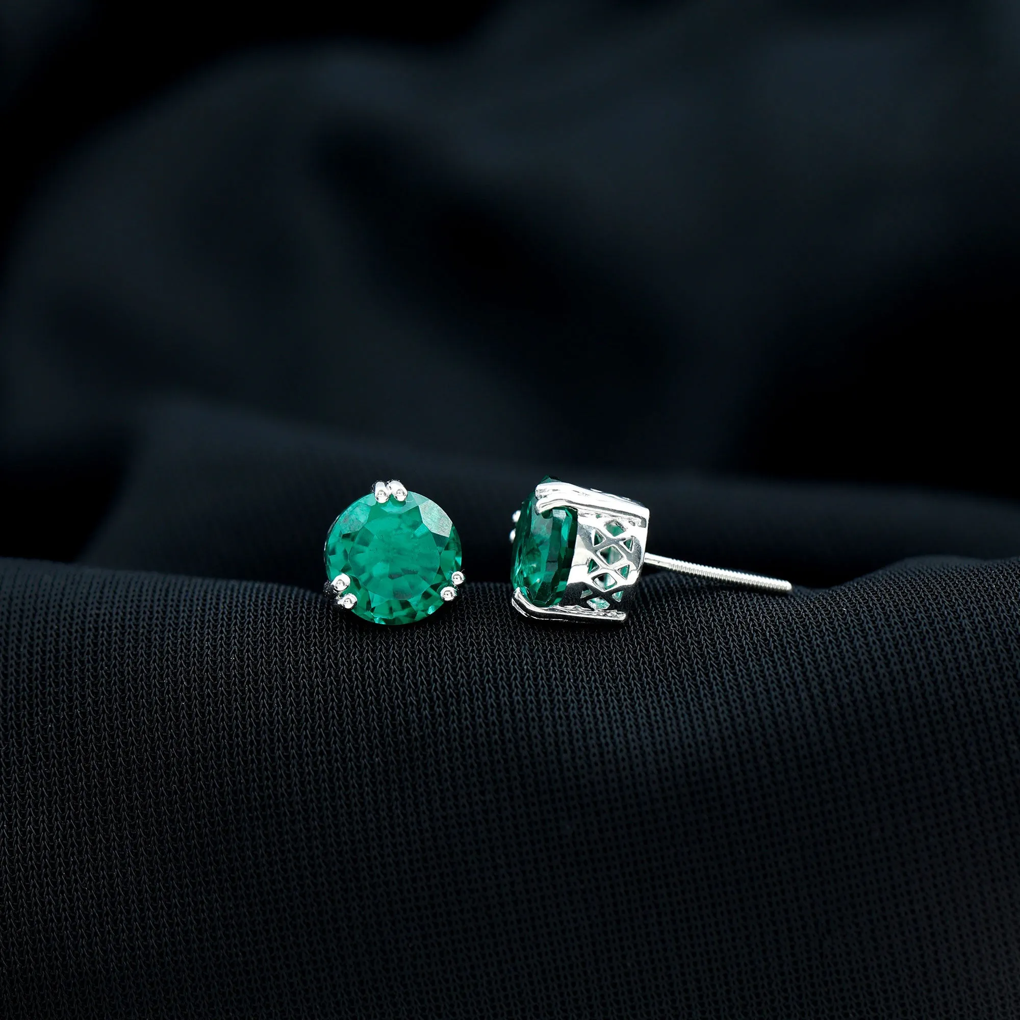 8 MM Created Emerald Solitaire Silver Stud Earrings in Double Claw Setting
