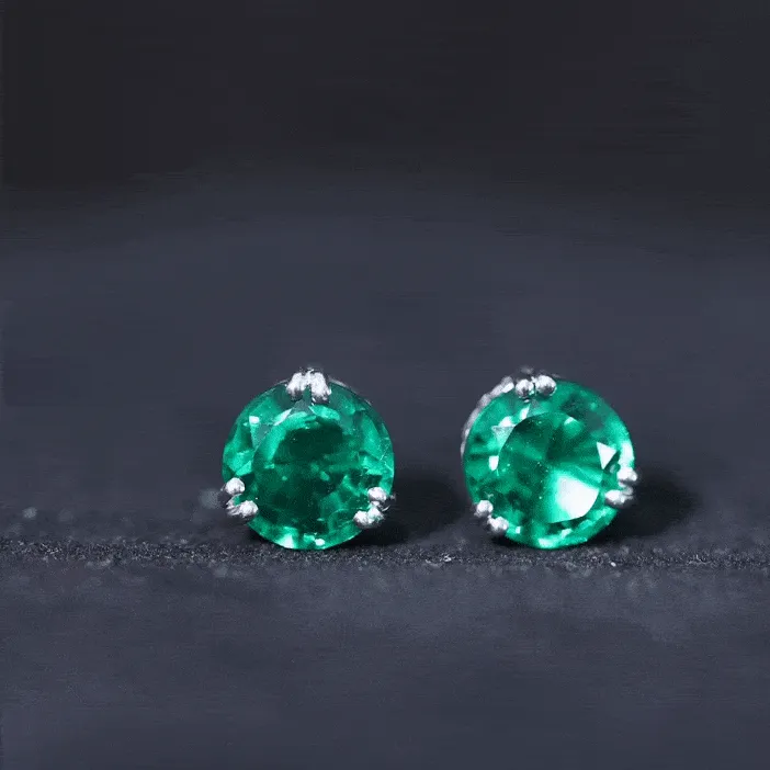 8 MM Created Emerald Solitaire Silver Stud Earrings in Double Claw Setting