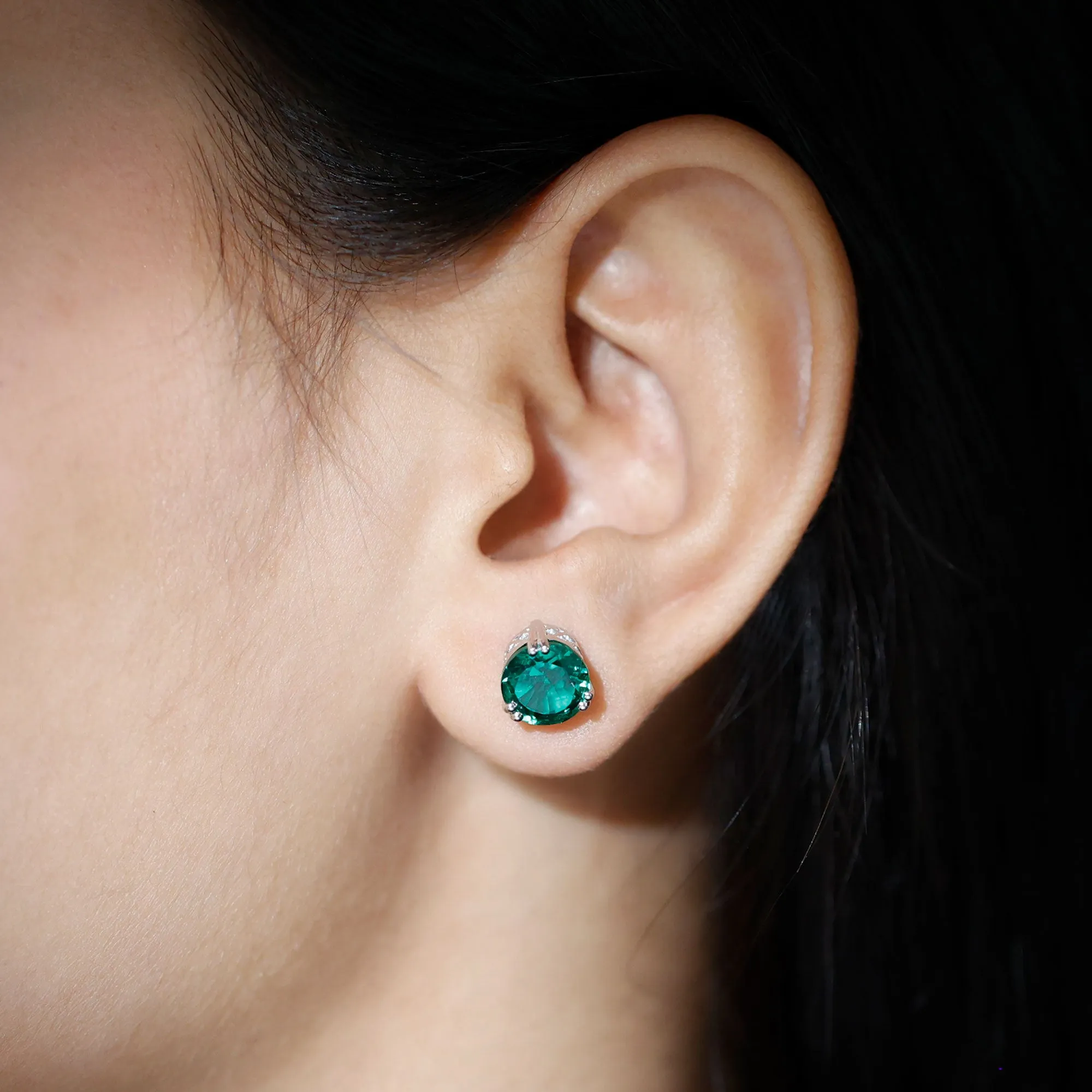 8 MM Created Emerald Solitaire Silver Stud Earrings in Double Claw Setting