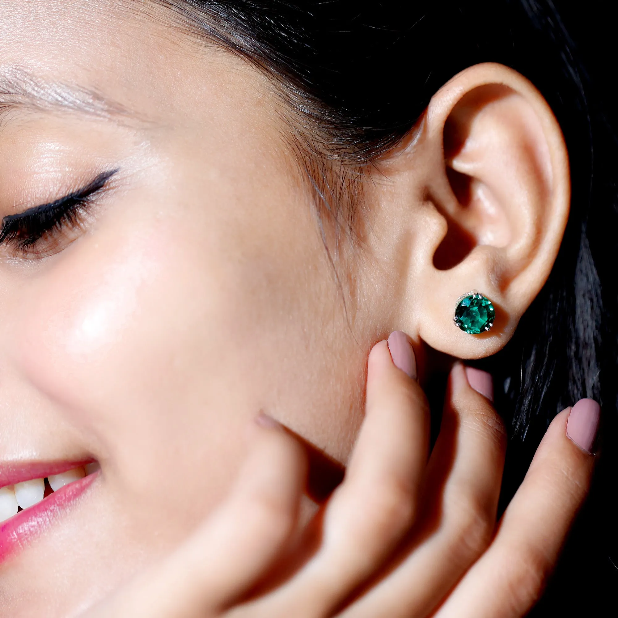 8 MM Created Emerald Solitaire Silver Stud Earrings in Double Claw Setting