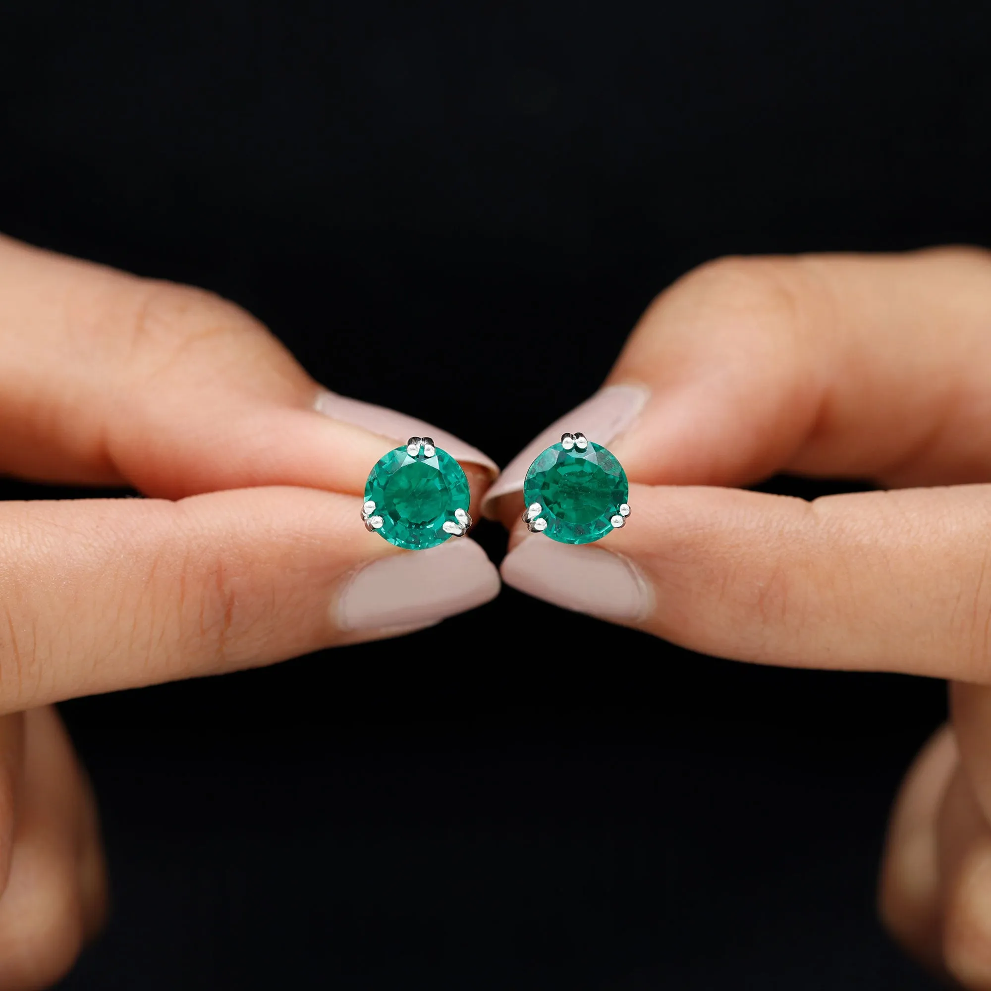 8 MM Created Emerald Solitaire Silver Stud Earrings in Double Claw Setting
