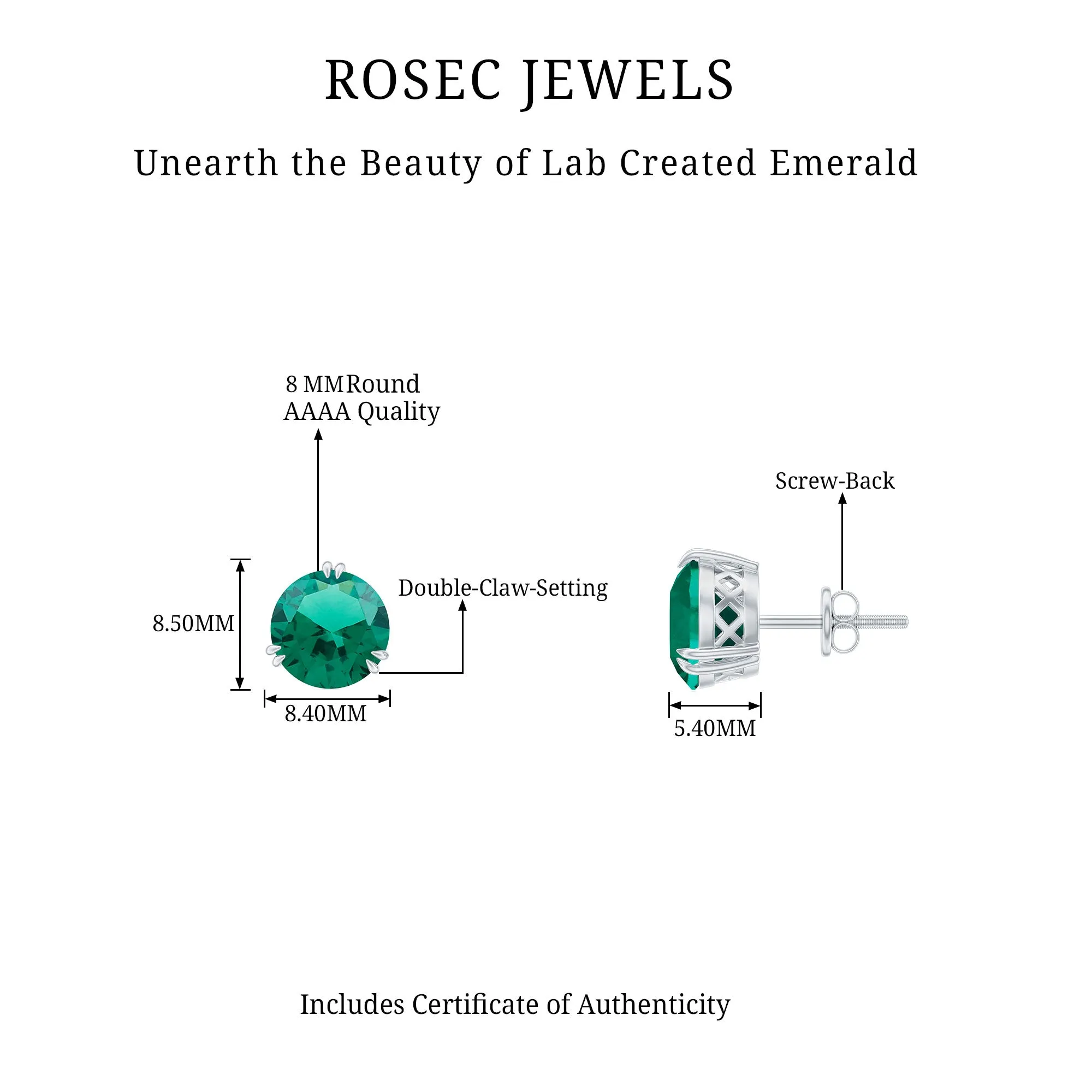 8 MM Created Emerald Solitaire Silver Stud Earrings in Double Claw Setting