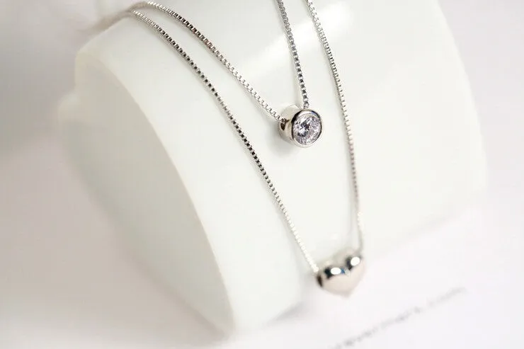 925 Sterling Silver  CZ Diamond Love Heart Necklace