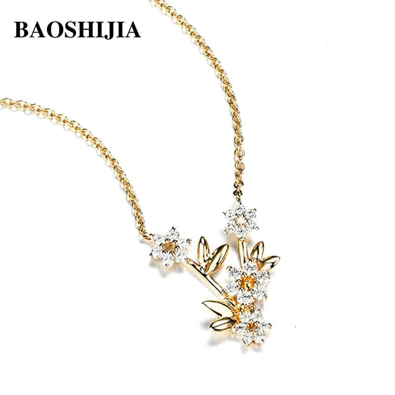 BAOSHIJIA Solid 18k Yellow Gold Flower SI Diamond Necklace Women&#39;s Pendant Polish Shank Fine Jewelry Luxurious