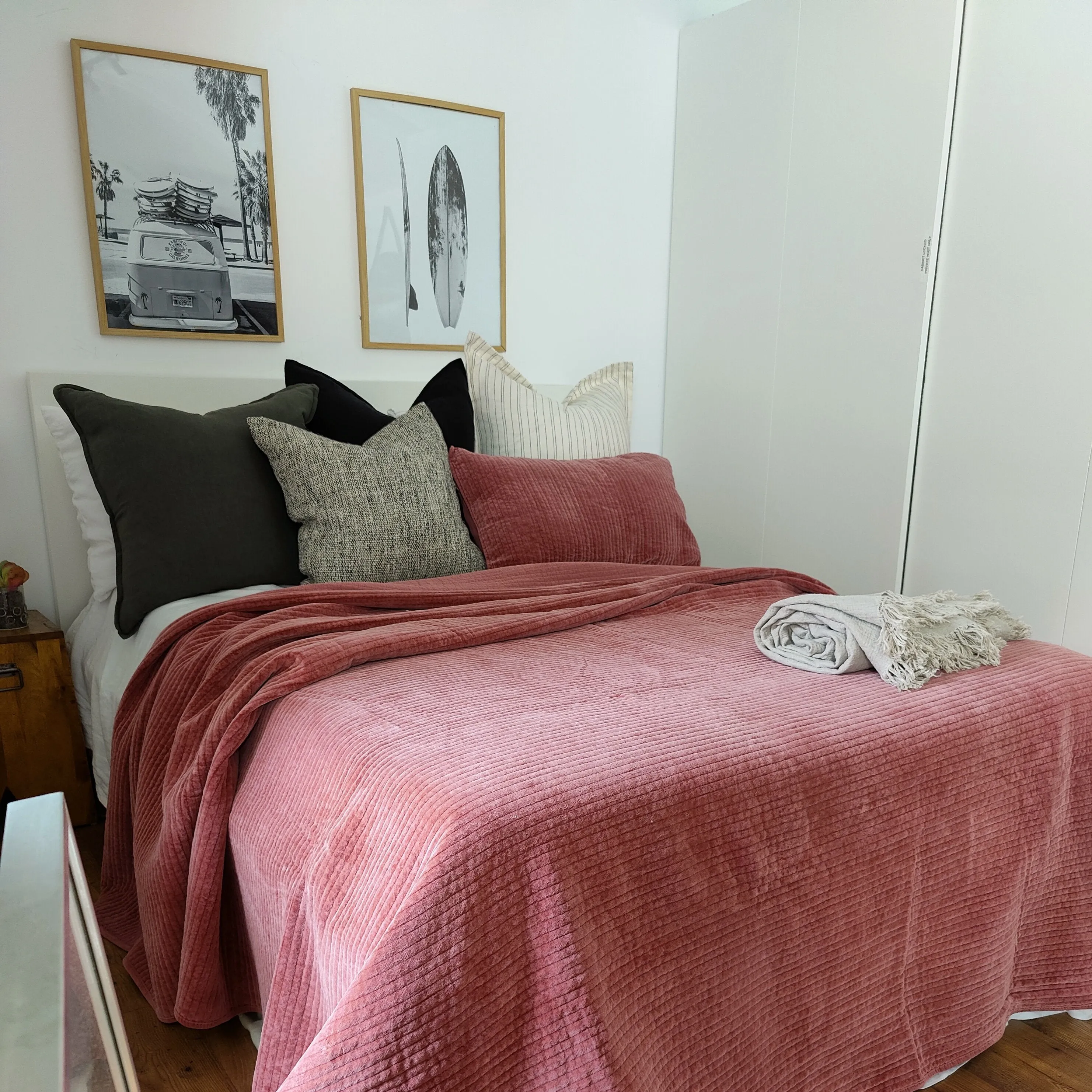 Bed Coverlet Stonewash Velvet Rose Pink Colour  2 Pillow Cases