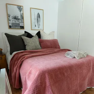 Bed Coverlet Stonewash Velvet Rose Pink Colour  2 Pillow Cases