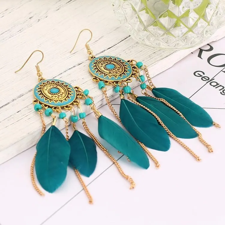 Bohemia Vintage Long Feather Drop Earrings