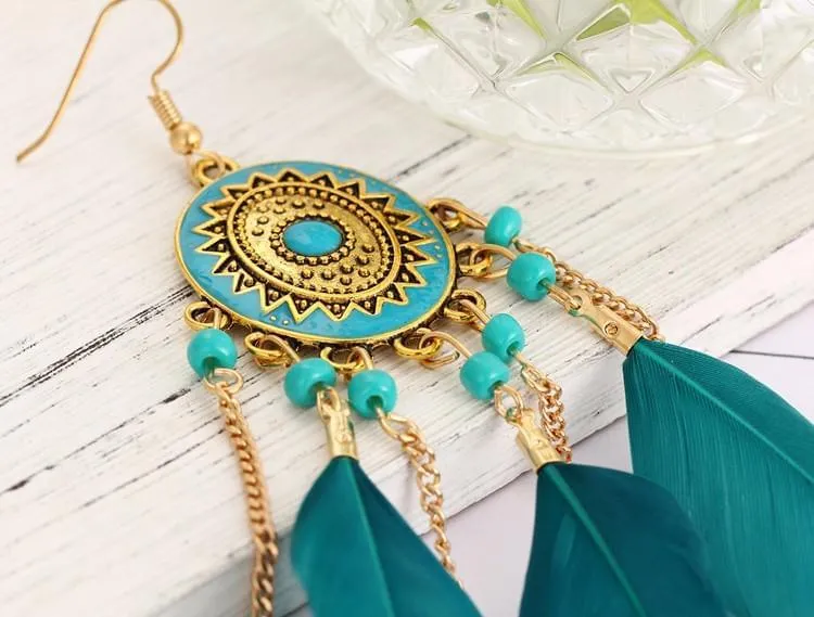Bohemia Vintage Long Feather Drop Earrings