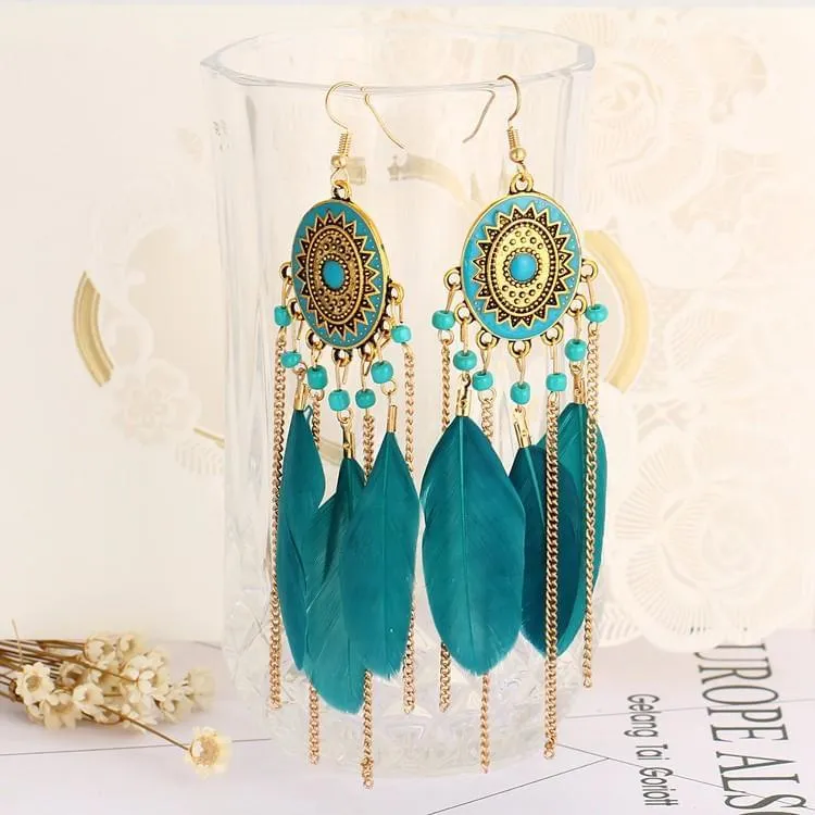 Bohemia Vintage Long Feather Drop Earrings