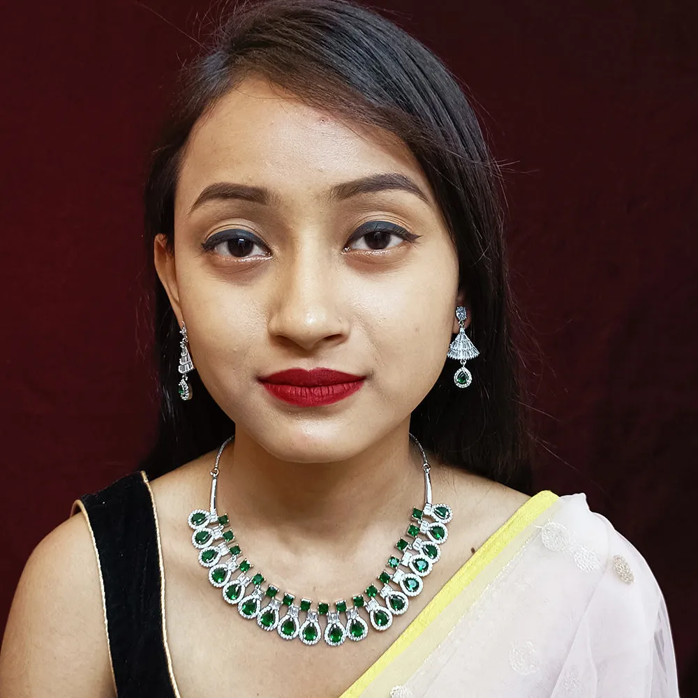 Designer Semi-Precious American Diamond & Green Emerald Necklace with Earrings (D318)