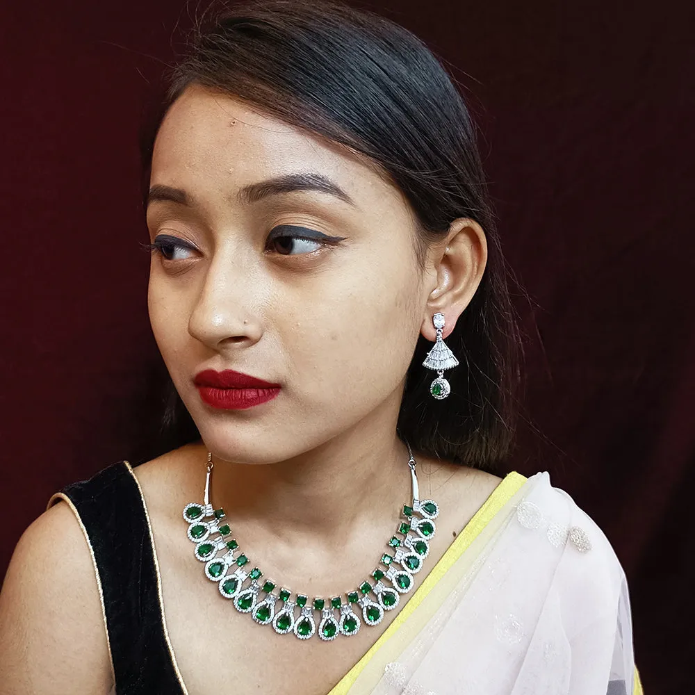 Designer Semi-Precious American Diamond & Green Emerald Necklace with Earrings (D318)