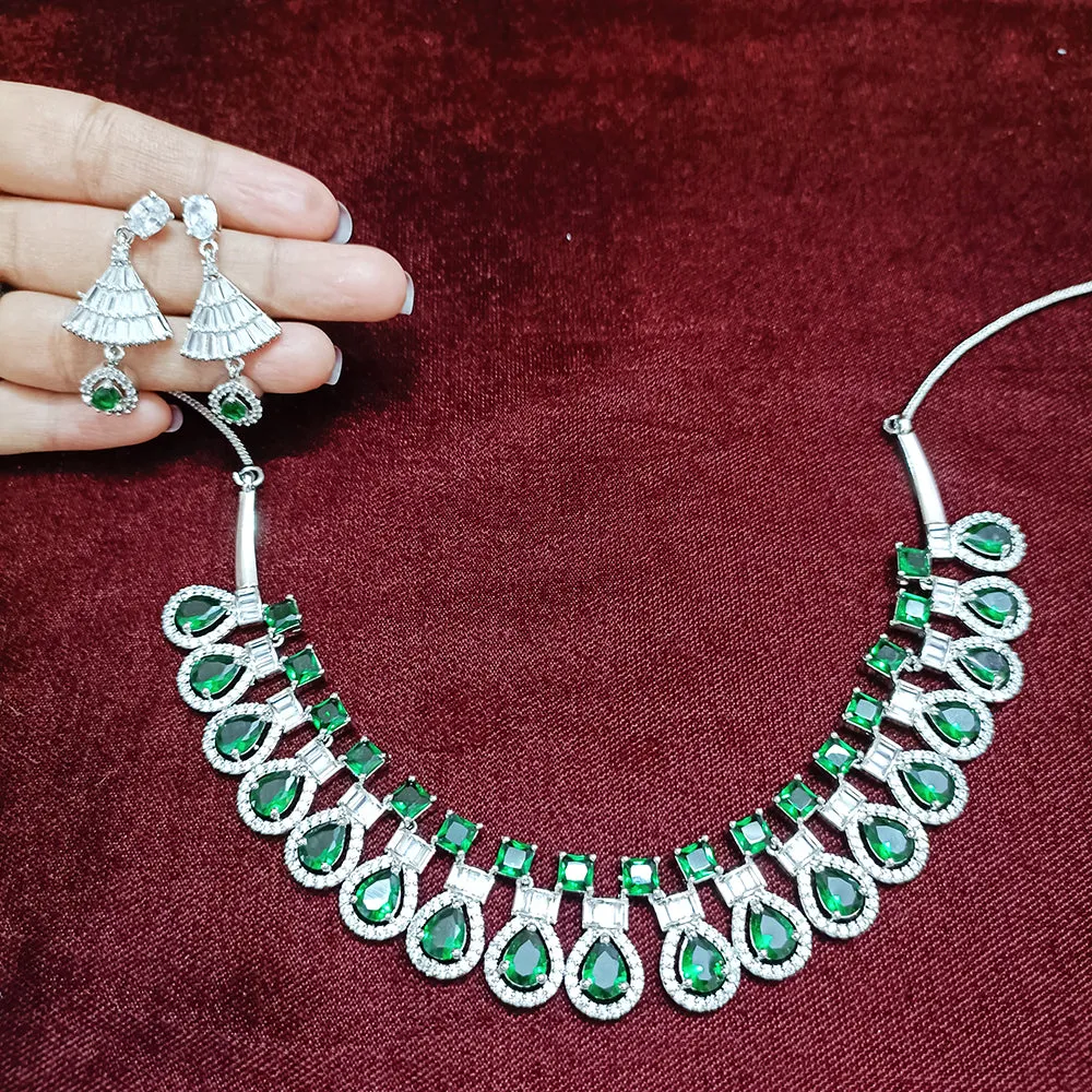 Designer Semi-Precious American Diamond & Green Emerald Necklace with Earrings (D318)