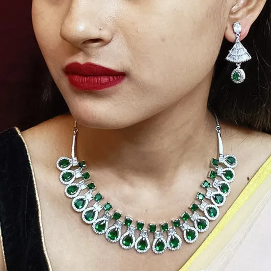Designer Semi-Precious American Diamond & Green Emerald Necklace with Earrings (D318)