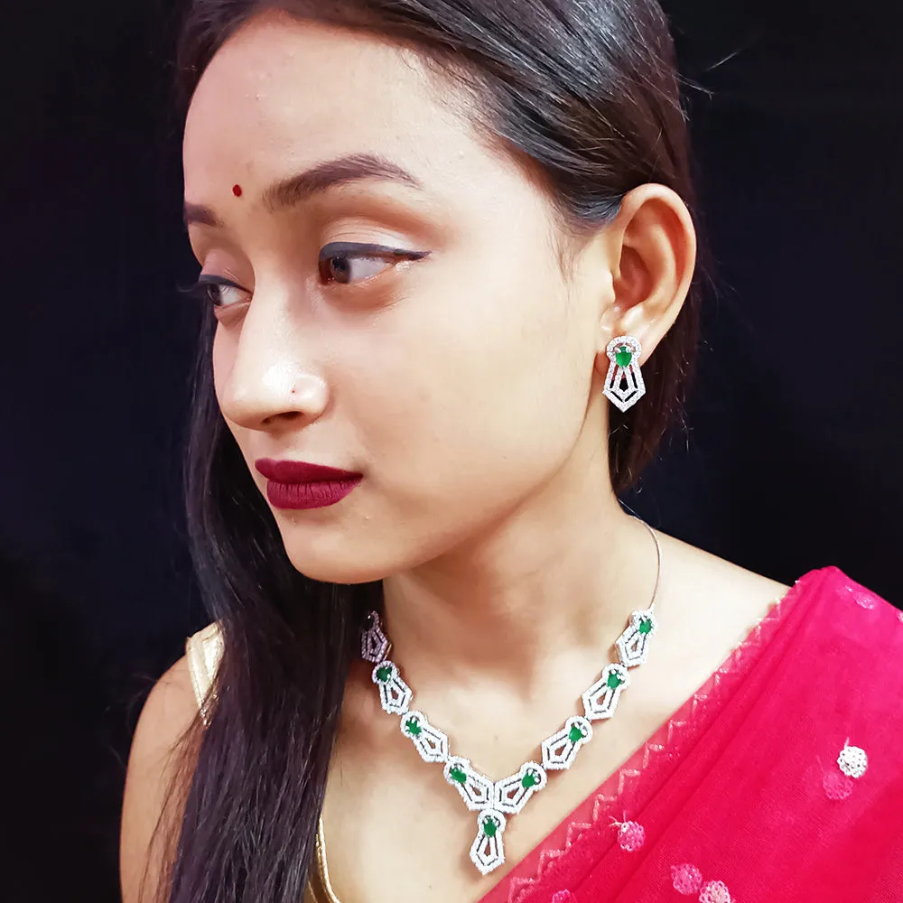 Designer Semi-Precious American Diamond & Green Emerald Necklace with Earrings (D330)