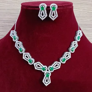 Designer Semi-Precious American Diamond & Green Emerald Necklace with Earrings (D330)