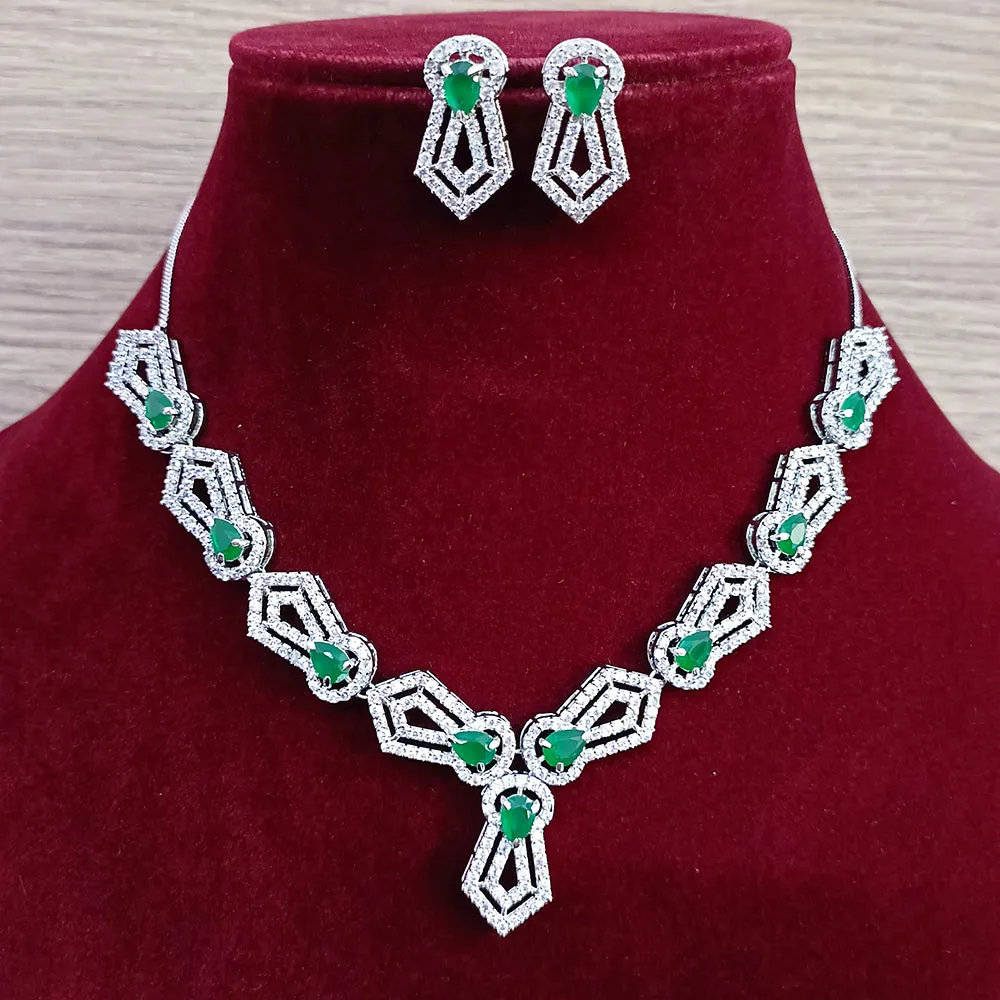 Designer Semi-Precious American Diamond & Green Emerald Necklace with Earrings (D330)