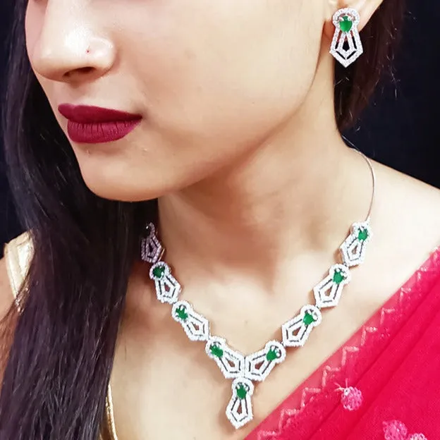 Designer Semi-Precious American Diamond & Green Emerald Necklace with Earrings (D330)