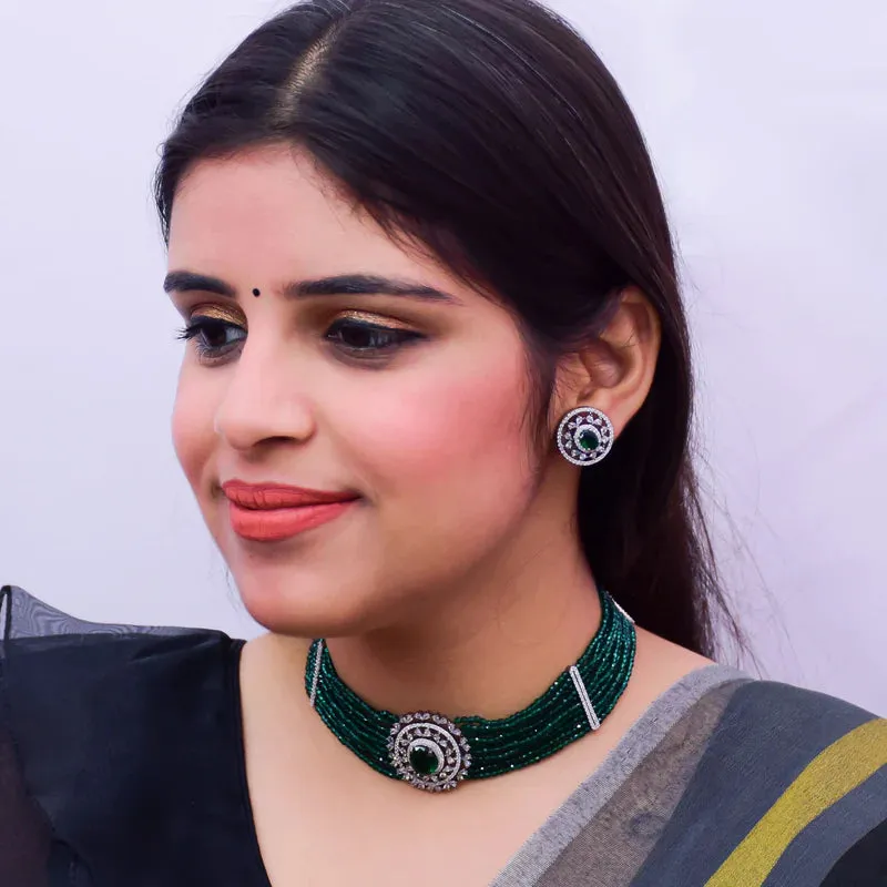 Designer Semi-Precious American Diamond Choker Style Necklace with Earrings