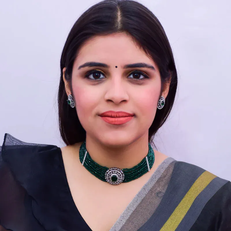 Designer Semi-Precious American Diamond Choker Style Necklace with Earrings
