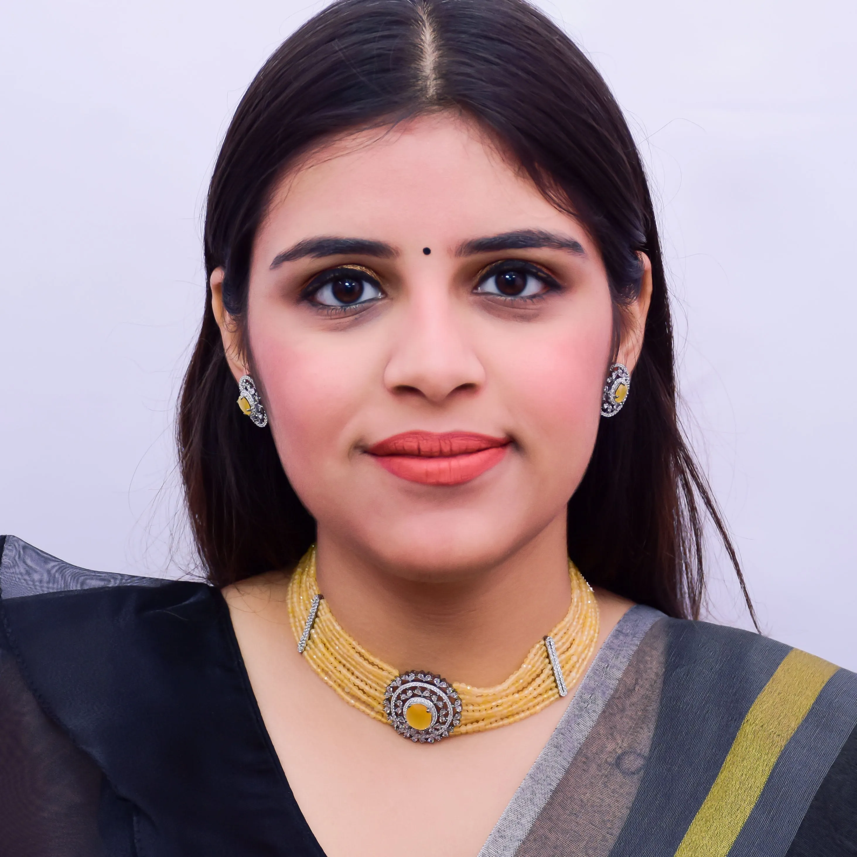 Designer Semi-Precious American Diamond Choker Style Necklace with Earrings