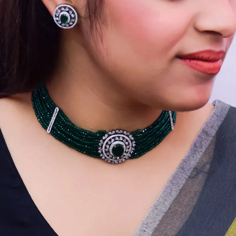 Designer Semi-Precious American Diamond Choker Style Necklace with Earrings