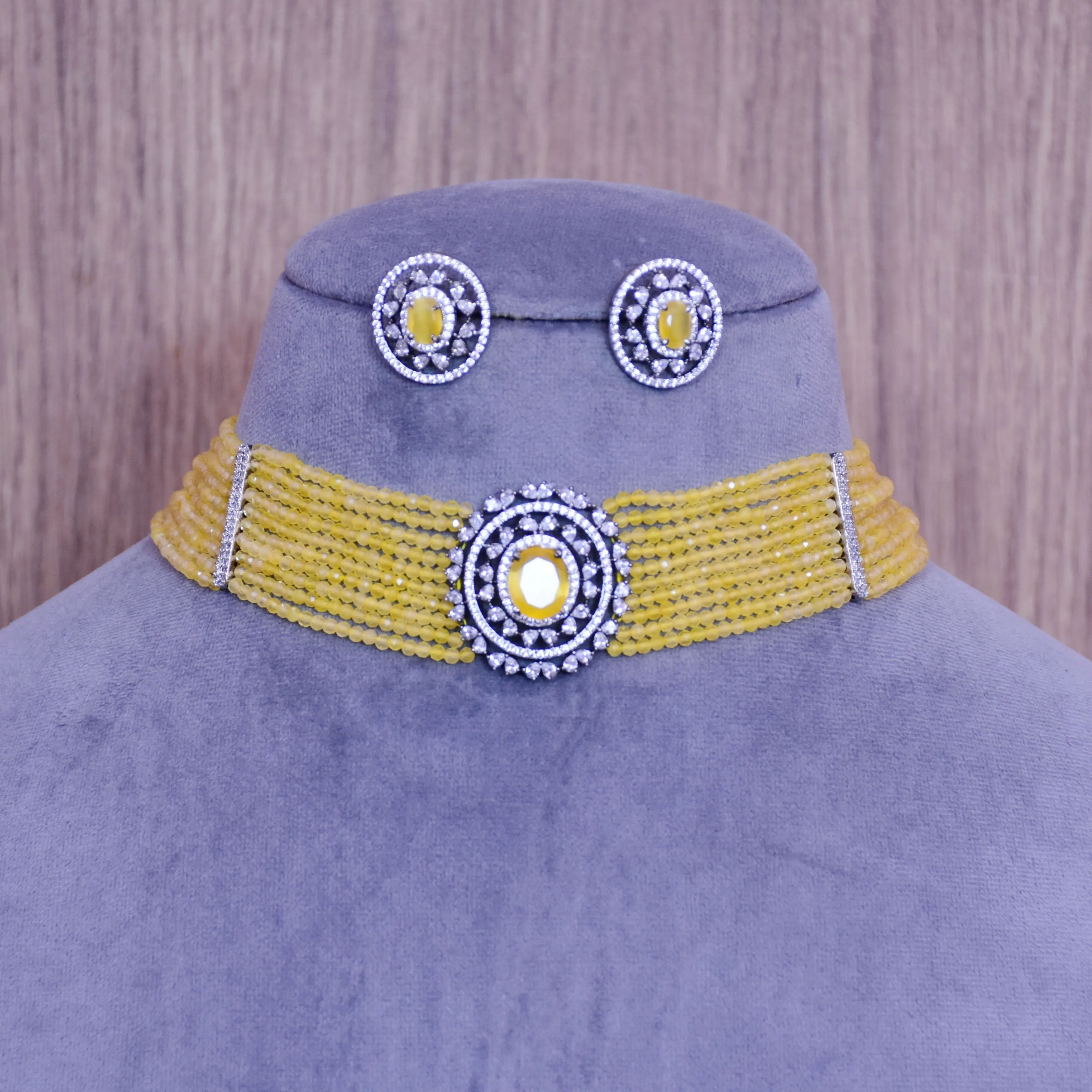 Designer Semi-Precious American Diamond Choker Style Necklace with Earrings