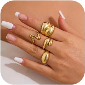 Gold Chunky Rings Set for Women 14K Stackable Dome Statement Rings Vintage Dainty Knuckle Open Midi Finger Rings Gold Jewelry Prom Costume Accessories Set of 4-10