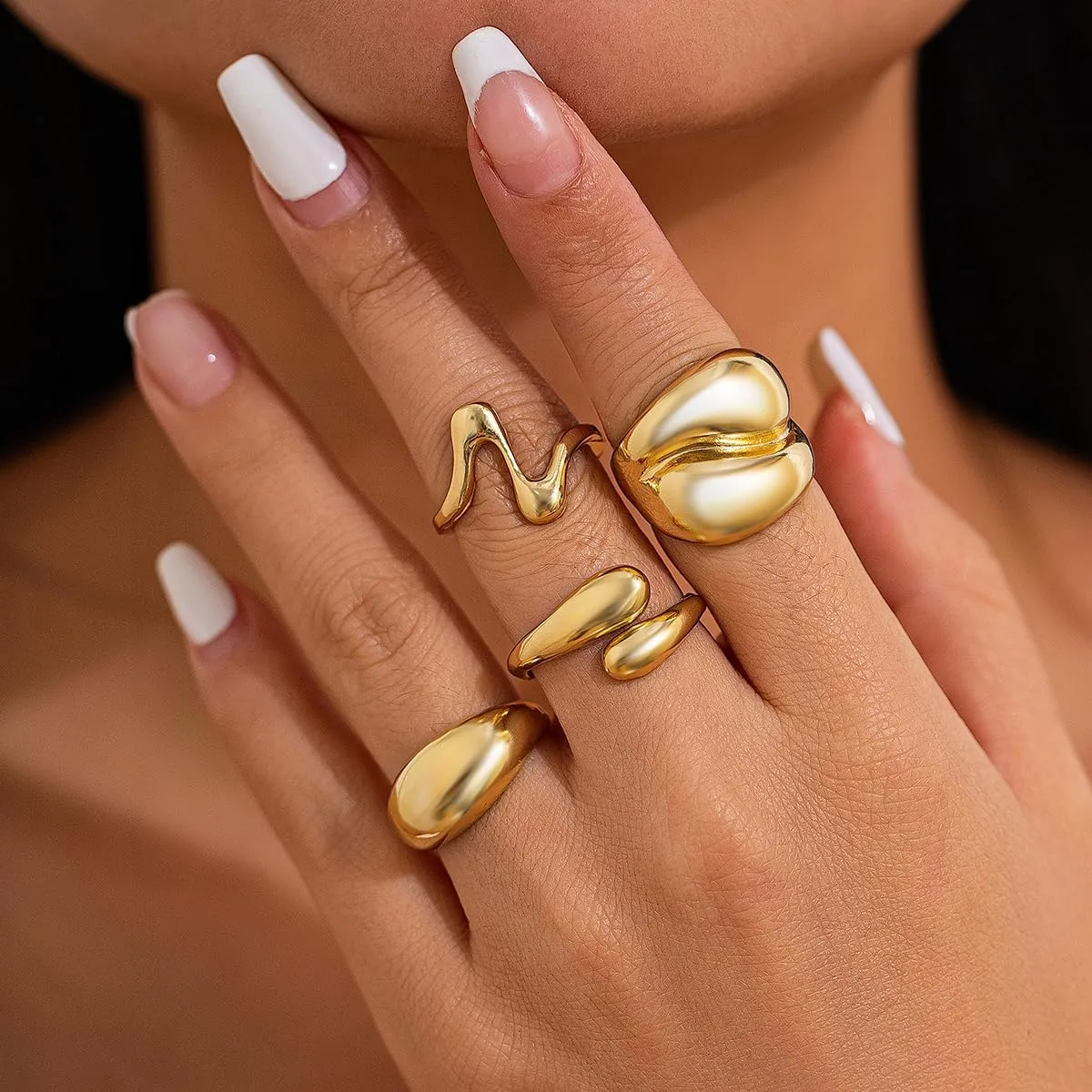 Gold Chunky Rings Set for Women 14K Stackable Dome Statement Rings Vintage Dainty Knuckle Open Midi Finger Rings Gold Jewelry Prom Costume Accessories Set of 4-10