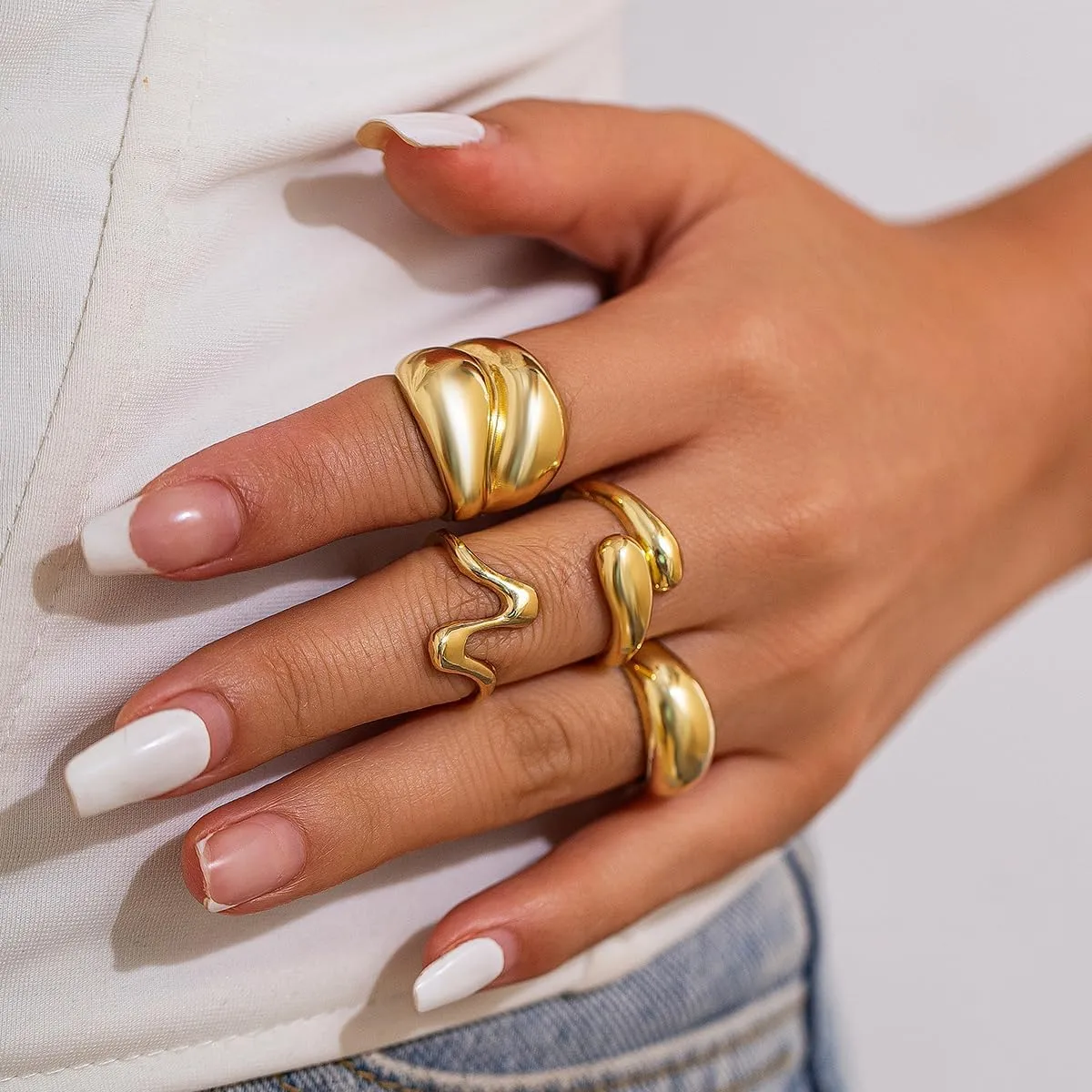 Gold Chunky Rings Set for Women 14K Stackable Dome Statement Rings Vintage Dainty Knuckle Open Midi Finger Rings Gold Jewelry Prom Costume Accessories Set of 4-10