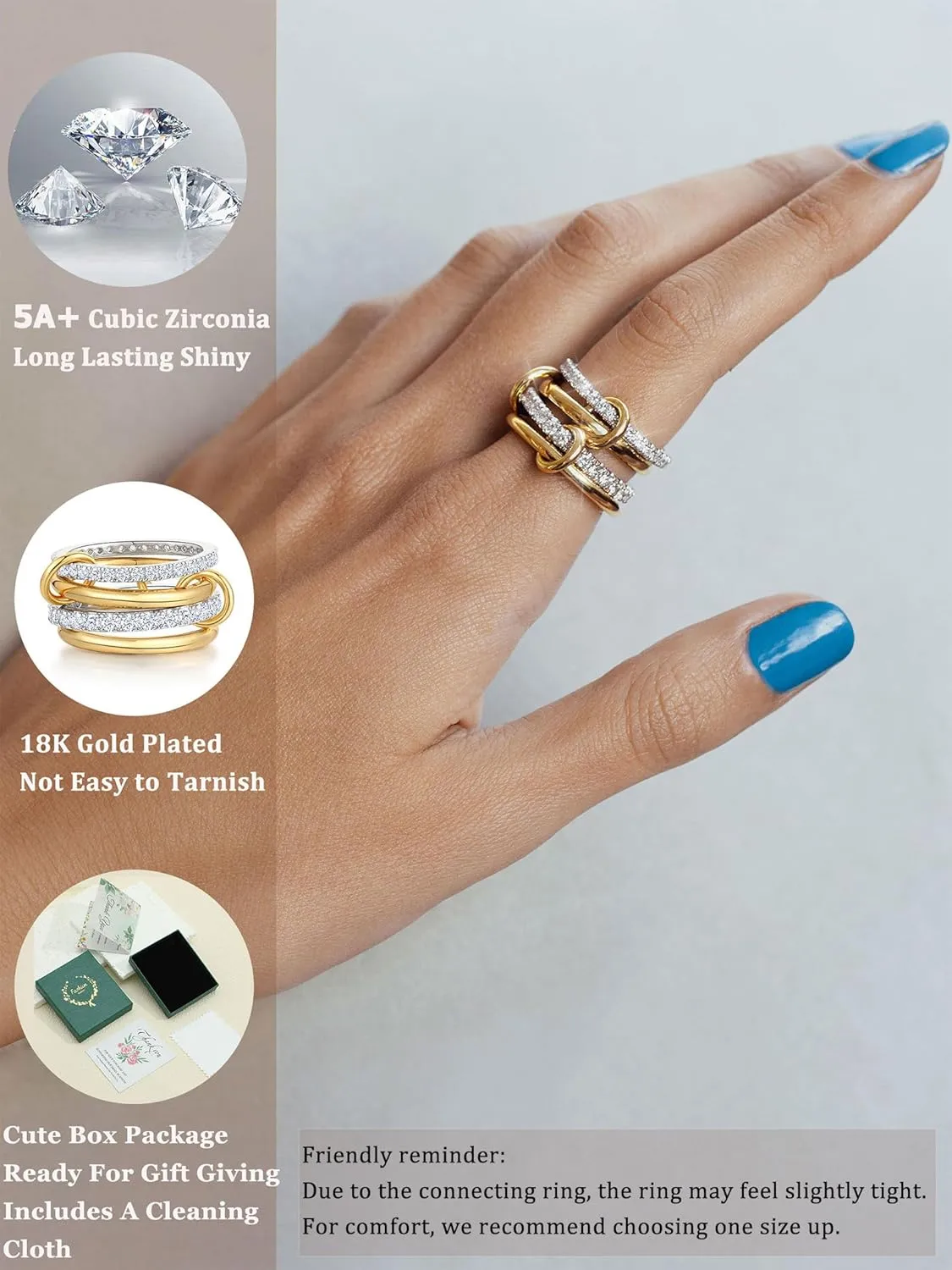 Gold Silver Rings for Women Non Tarnish 18K Gold Plated Stackable Rings Dainty Cubic Zirconia Statement Rings Wedding Band Thumb Ring Mixed Metals Stacking Rings Set Size 5-10 Jewelry Gifts