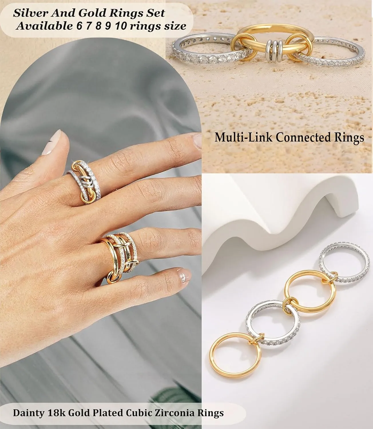 Gold Silver Rings for Women Non Tarnish 18K Gold Plated Stackable Rings Dainty Cubic Zirconia Statement Rings Wedding Band Thumb Ring Mixed Metals Stacking Rings Set Size 5-10 Jewelry Gifts