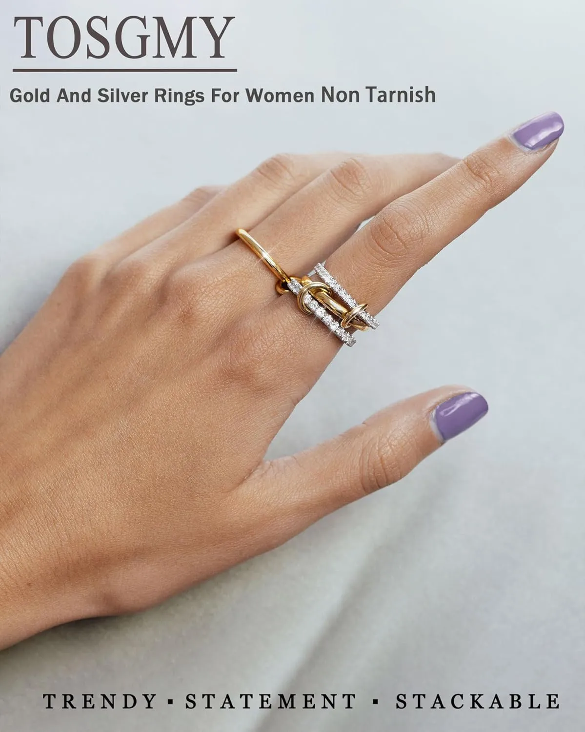 Gold Silver Rings for Women Non Tarnish 18K Gold Plated Stackable Rings Dainty Cubic Zirconia Statement Rings Wedding Band Thumb Ring Mixed Metals Stacking Rings Set Size 5-10 Jewelry Gifts