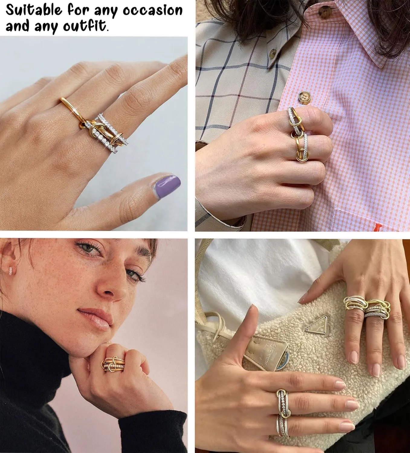 Gold Silver Rings for Women Non Tarnish 18K Gold Plated Stackable Rings Dainty Cubic Zirconia Statement Rings Wedding Band Thumb Ring Mixed Metals Stacking Rings Set Size 5-10 Jewelry Gifts