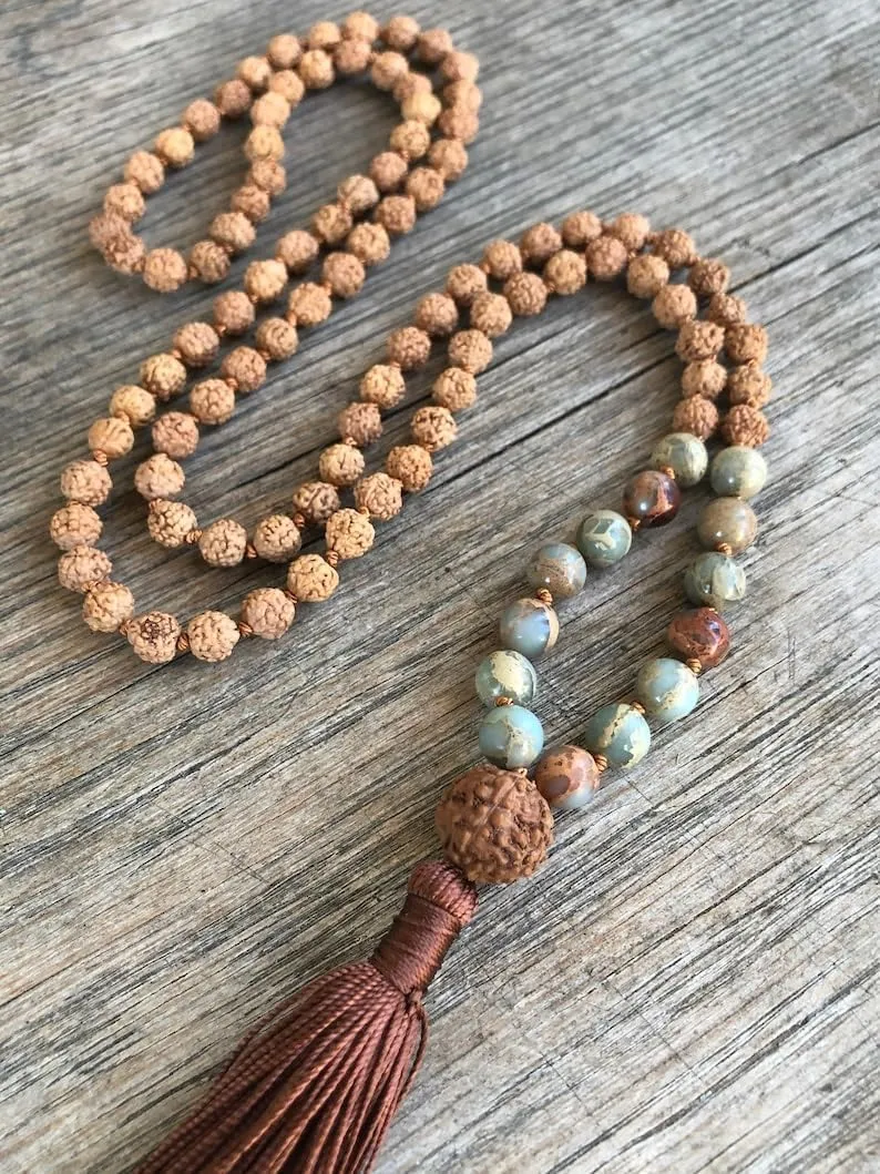 Natural Rudraksha & Jasper 8mm 108 Mala Beads, Spiritual, Meditation Beads, Reiki, Japa Mala, Buddhist Prayer Beads, Yoga Bracelet, healing beads LKMALA-RRGU-3853