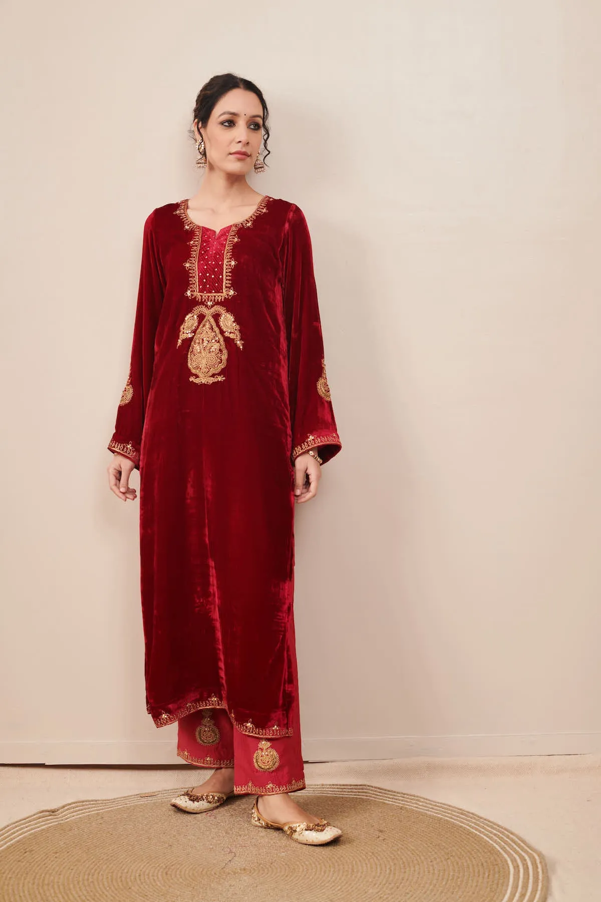 Naveli Deep Red Zari Embroidered Kurta Palazzo set with Dupatta - Set of 3