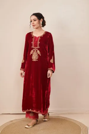 Naveli Deep Red Zari Embroidered Kurta Palazzo set with Dupatta - Set of 3