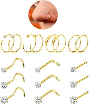UBGICIG 22G 20G 18G Nose Rings Hoops Studs for Women 316L Surgical Steel Cork Screw Nose Rings L Shape Nostril Piercing Jewelry