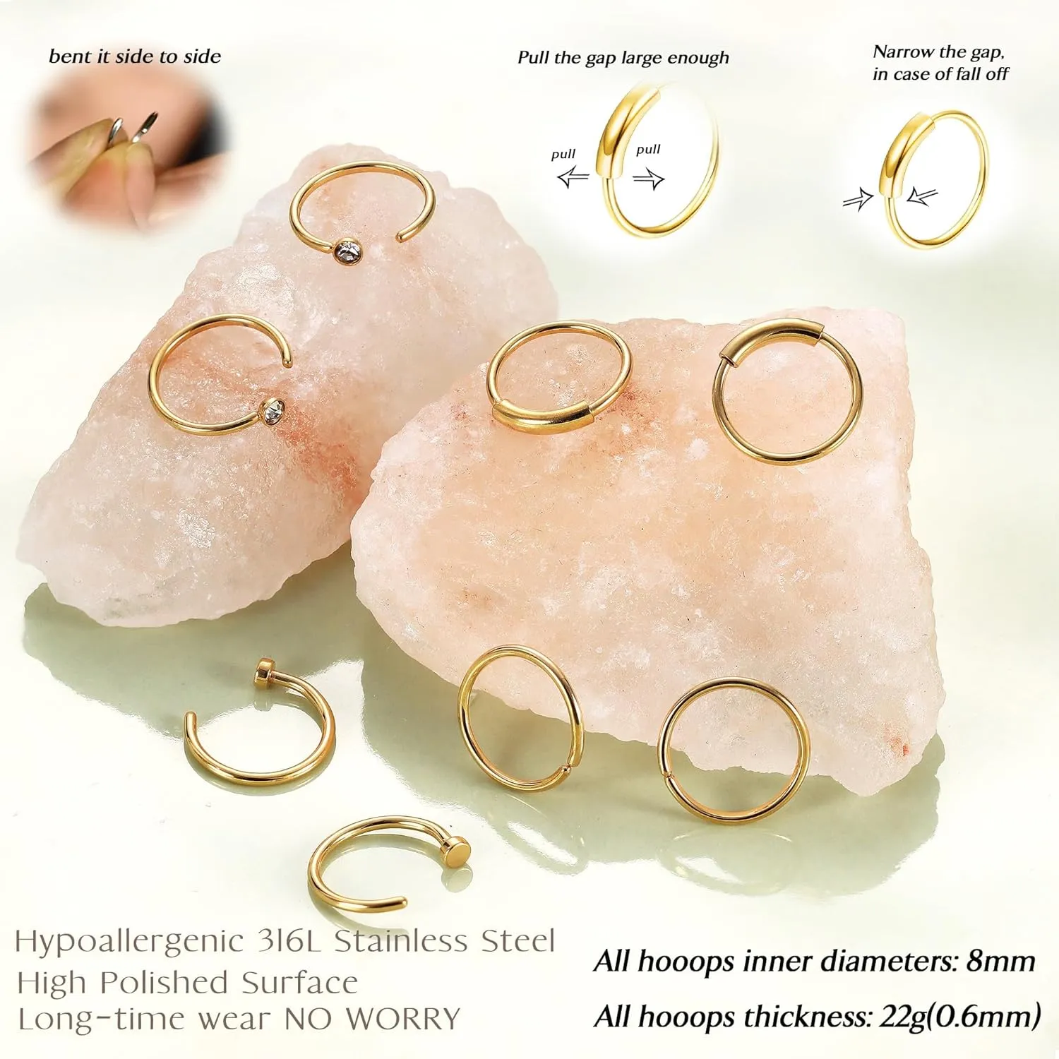 UBGICIG 22G 20G 18G Nose Rings Hoops Studs for Women 316L Surgical Steel Cork Screw Nose Rings L Shape Nostril Piercing Jewelry