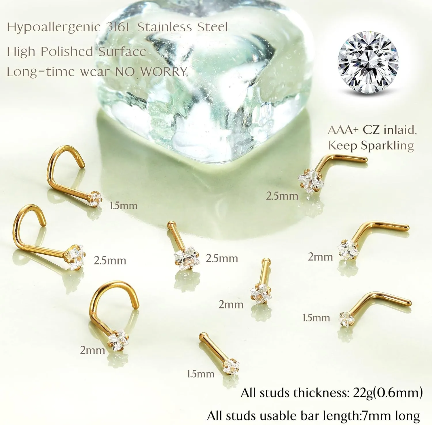 UBGICIG 22G 20G 18G Nose Rings Hoops Studs for Women 316L Surgical Steel Cork Screw Nose Rings L Shape Nostril Piercing Jewelry