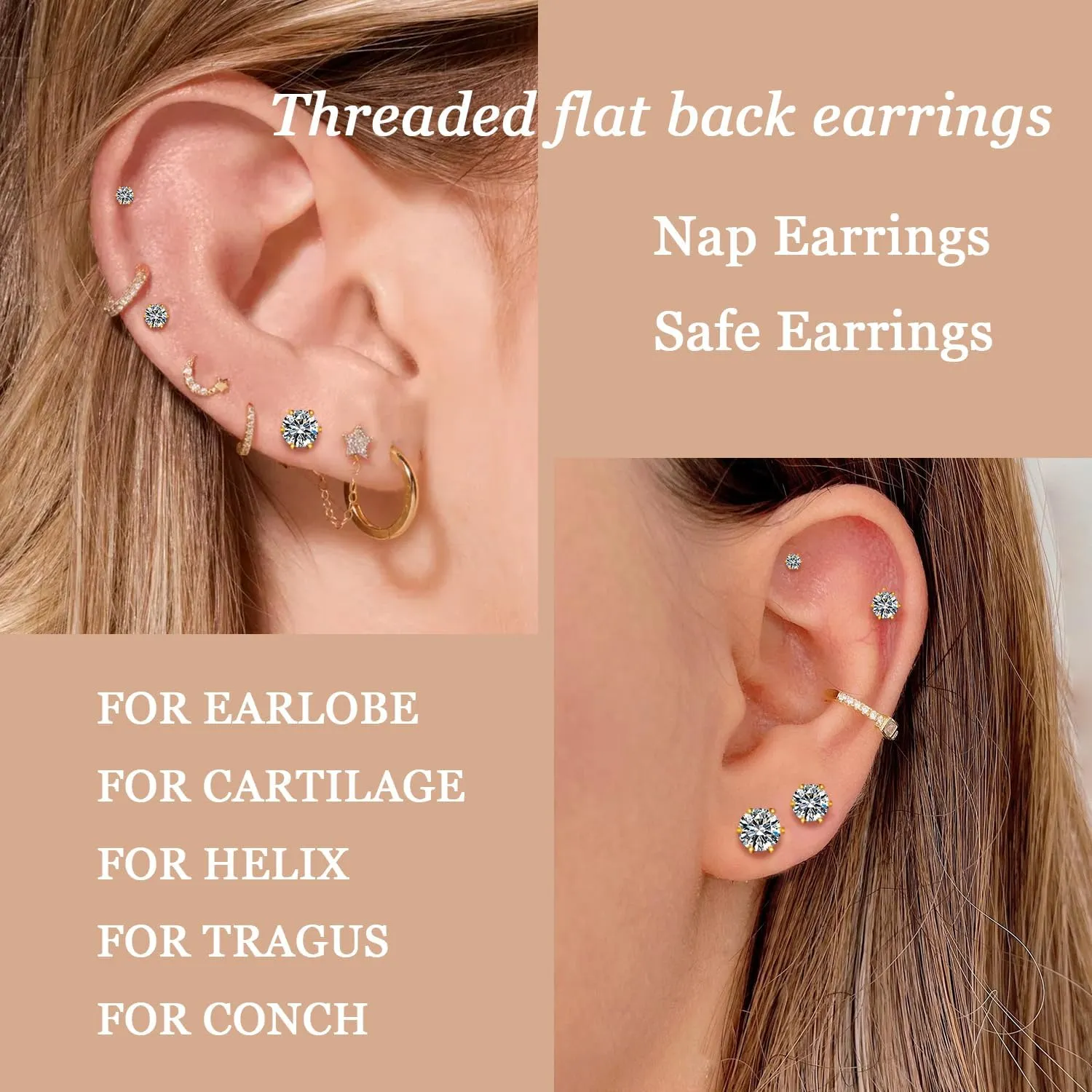 UHIBROS 6 Pairs Stainless Steel Stud Earrings Set Hypoallergenic Cubic Zirconia 14K White Gold 316L CZ Earrings